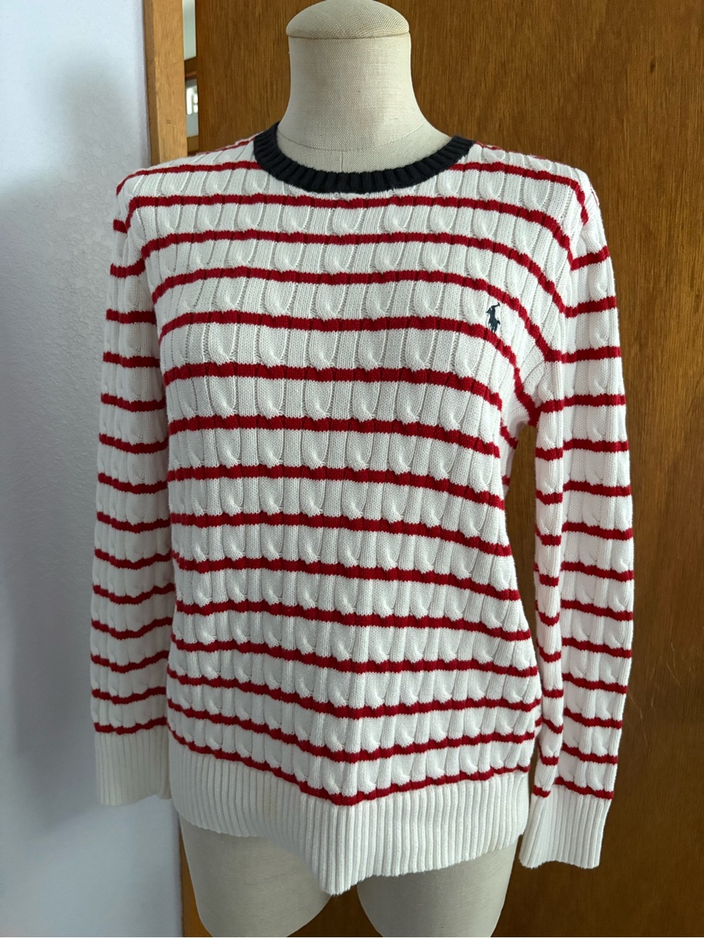 POLO RALPH LAUREN Boys sz XL 18-20 Cable Knit Sweater White Red Striped - Picture 1 of 8